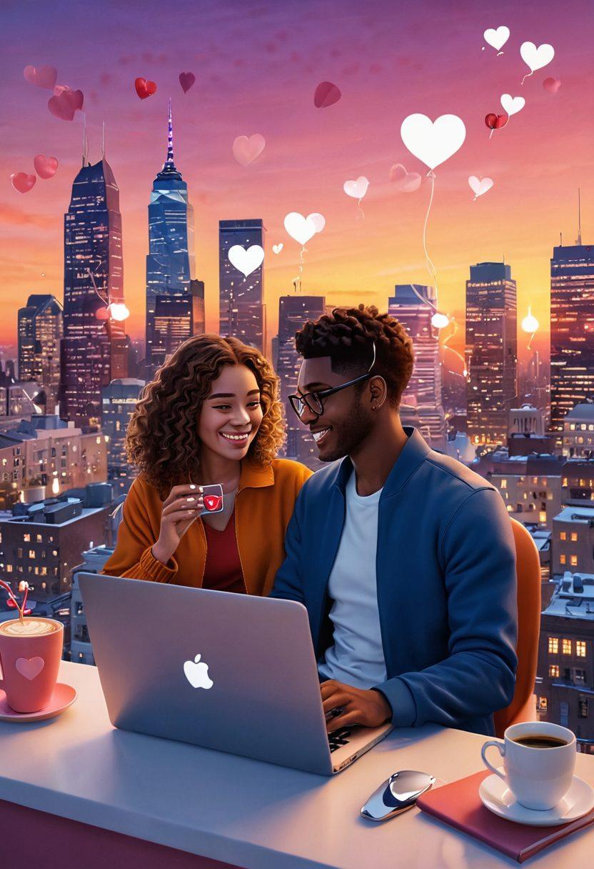 A whimsical digital artwork depicting a couple engaging in a video call on a laptop, surrounded by symbols of love such as hearts and chat bubbles. In the background, a city skyline glimmers at sunset, representing the vast distance between them. Elements like a coffee cup, a list of dating tips, and a cozy atmosphere enhance the theme of online romance. vibrant colors. 3D.