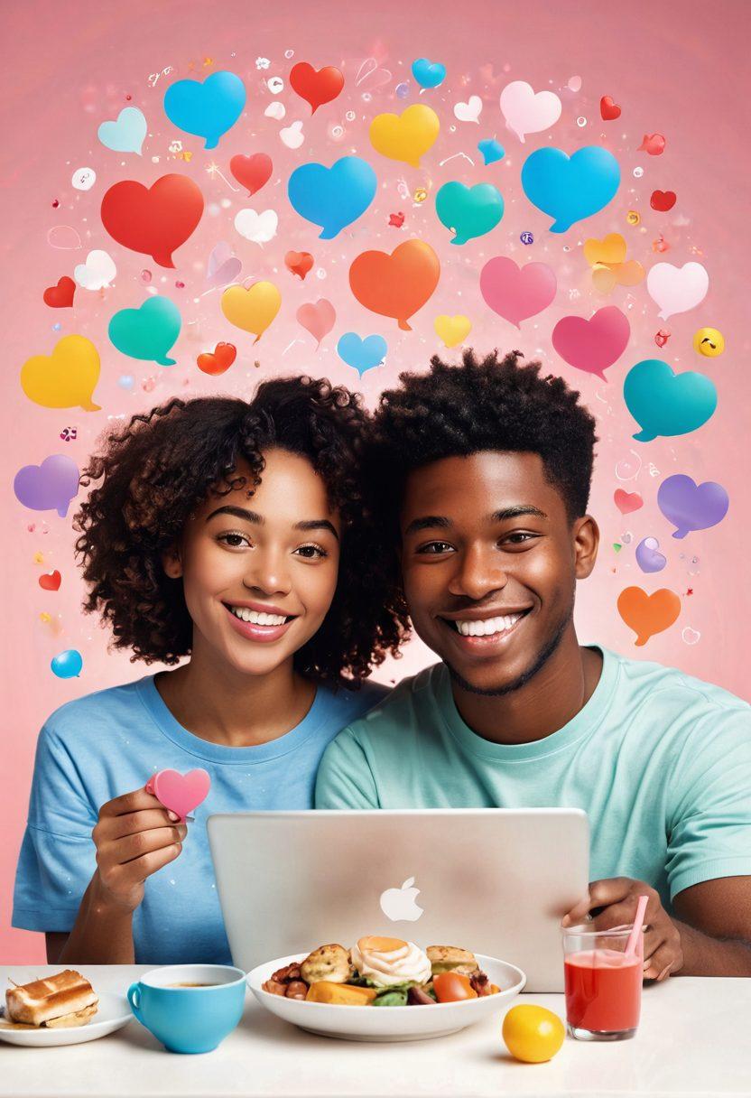 A whimsical digital illustration featuring a diverse couple engaged in a video call, surrounded by heart-shaped chat bubbles and colorful emojis. They are smiling and sharing a virtual dinner, symbolizing connection despite distance. The background includes soft pastel colors and subtle hints of technology to depict online relationships. super-realistic. vibrant colors. playful elements.