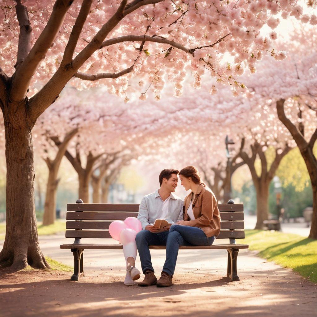 An enchanting scene of a couple sitting on a cozy park bench, absorbed in a heartfelt conversation with a backdrop of blossoming cherry blossom trees. Soft sunlight filters through leaves, illuminating their smiles and capturing the essence of love. Surrounding them, symbols of romance like heart-shaped balloons and old letters add to the theme. super-realistic. pastel colors. soft focus.